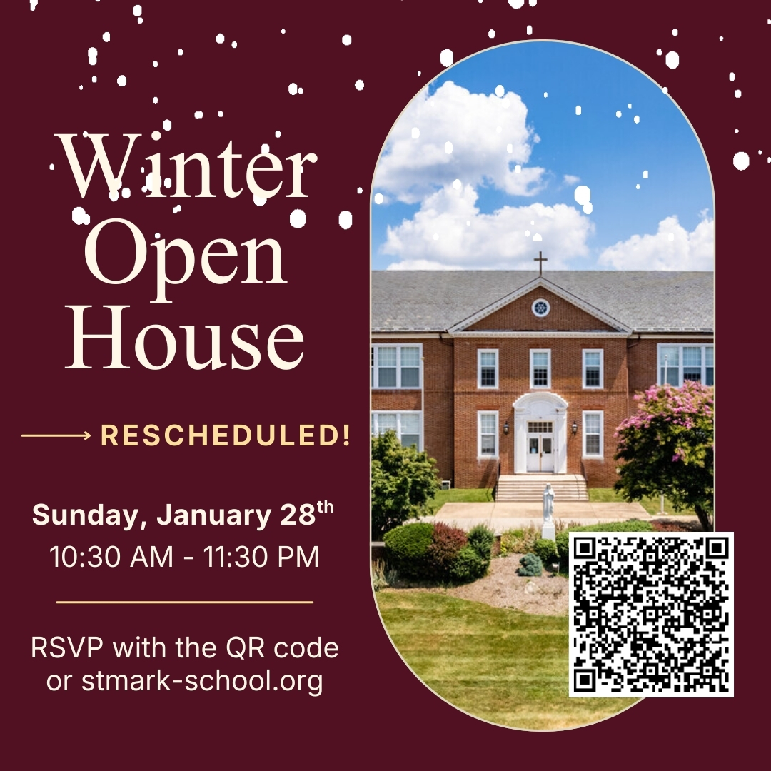 A winter-themed graphic announcing St. Mark School’s Winter Open House. The left side features the text “Winter Open House” with falling snow on a deep burgundy background. Event details read: Sunday, January 25th, 10:30 AM–12:00 PM, with an arrow pointing down to RSVP information. On the right is an arched photo of the front of St. Mark School on a sunny day, with a QR code in the lower corner.