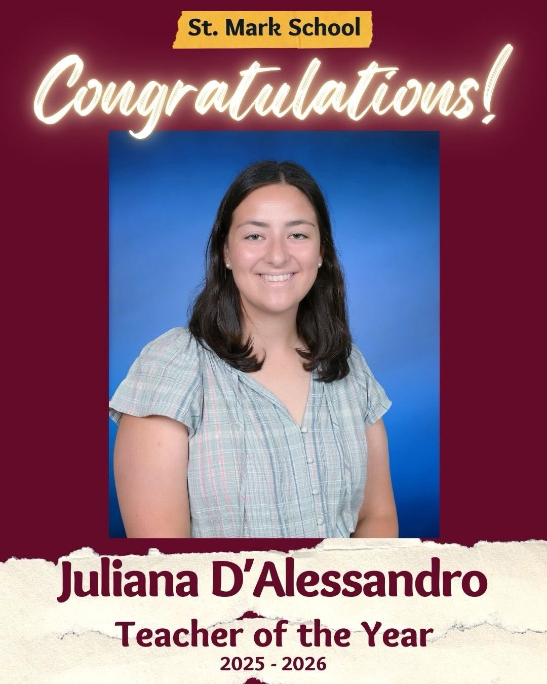Congratulations to Juliana D'Alessandro, Our 2025-2026 Teacher of the Year